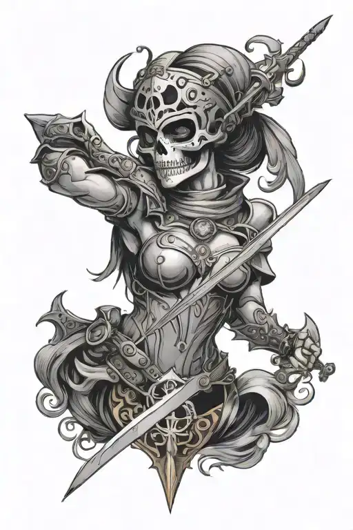 Cute skull witih a swrod through its head, with a woman holding the sword. The woman is in knightly armor and has a  hel tattoo design idea