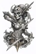 Cute skull witih a swrod through its head, with a woman holding the sword. The woman is in knightly armor and has a  hel tattoo design idea