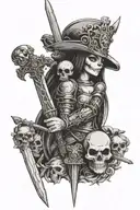 Cute skull witih a swrod through its head, with a woman holding the sword. The woman is in knightly armor and has a  hel tattoo design idea