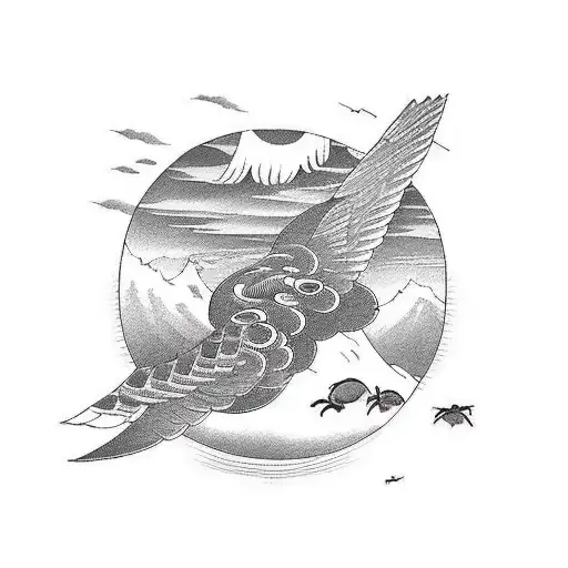 A mechanical bird in flight surrounded by various species of birds tattoo design idea