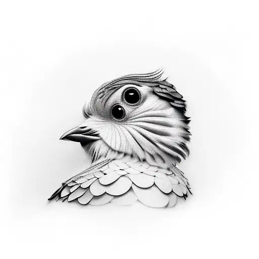 A realistic portrayal of an engineer with a bird perched on their shoulder, both looking towards the sky tattoo design idea