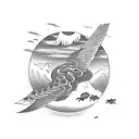 A mechanical bird in flight surrounded by various species of birds tattoo design idea