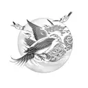 A mechanical bird in flight surrounded by various species of birds tattoo design idea
