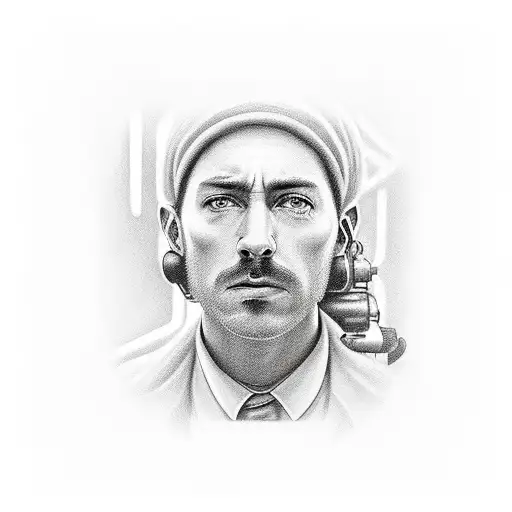 A realistic portrait of a famous movie director, incorporating industrial engineering elements in the background tattoo design idea