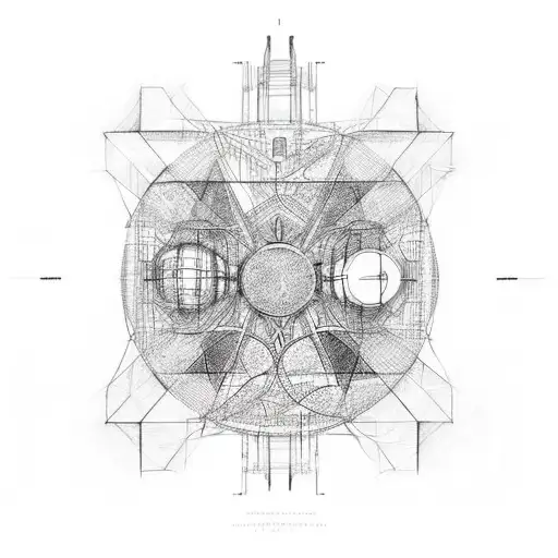 A geometric representation of famous movie scenes intertwined with engineering symbols tattoo design idea