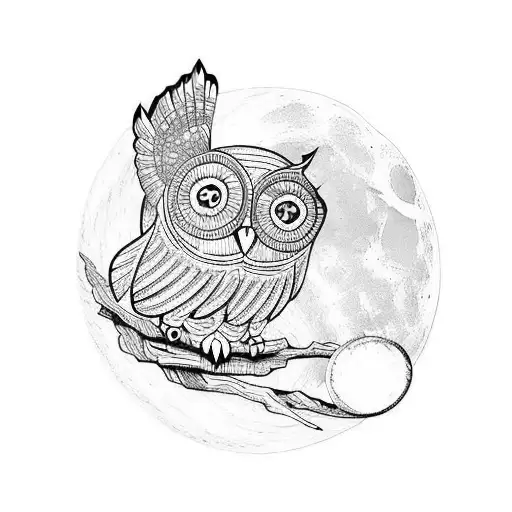flying owl, with a moon in the background with geometric circles  tattoo design idea