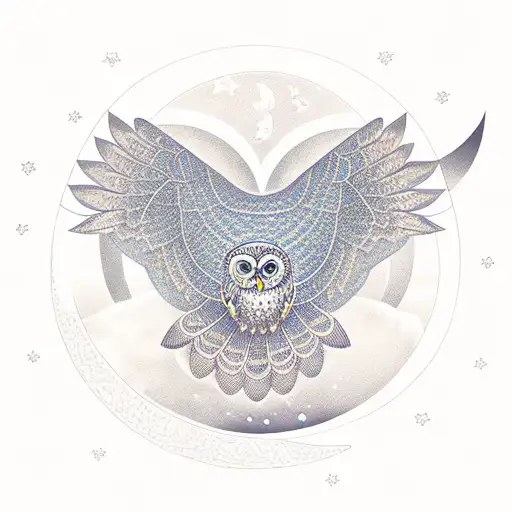 flying owl, with a moon in the background with geometric circles  tattoo design idea