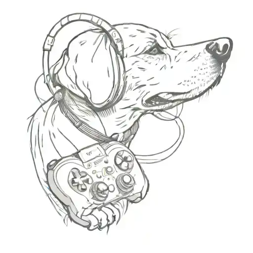 A tattoo of a dog wearing headphones playing a video game controller tattoo design idea