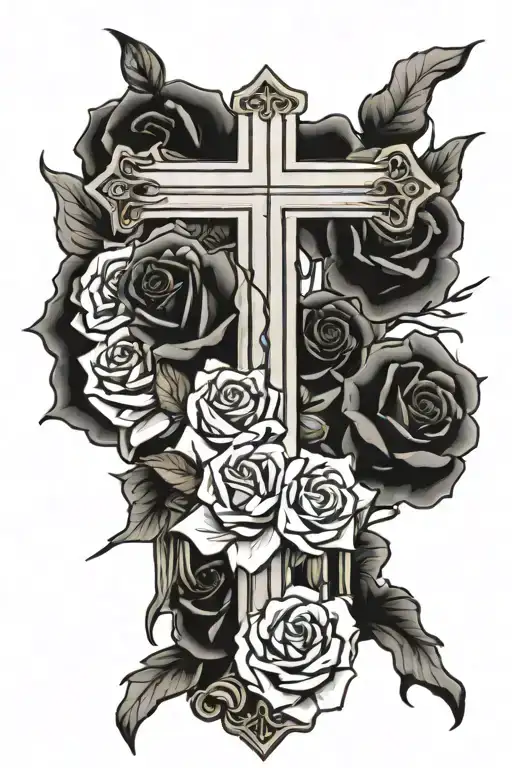 Create me a cross tattoo with a American flag coming out of the cross and roses around the cross in black and white on a tattoo design idea