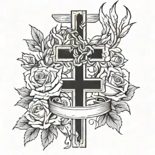 Create me a cross tattoo with a American flag coming out of the cross and roses around the cross in black and white on a tattoo design idea