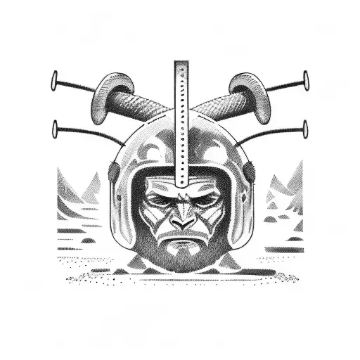 Combine the image of a barbell with a Viking helmet, using dotwork style. tattoo design idea