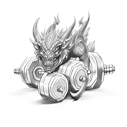 Combine the elements of a powerlifting dumbbell and a fantasy creature like a dragon, using black-grey style. tattoo design idea
