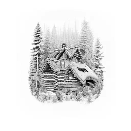 left sleeve forest with log cabin and outside fireplace tattoo design idea