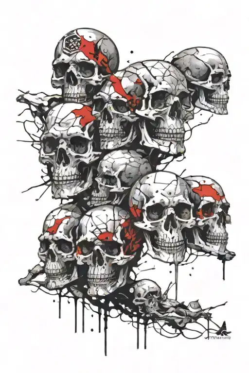 multiple skulls surrounded my mountain range tattoo design idea