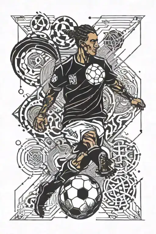 A futuristic design combining elements of soccer, engineering, and indigenous culture, with a focus on leadership and tribal symbols tattoo design idea