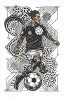 A futuristic design combining elements of soccer, engineering, and indigenous culture, with a focus on leadership and tribal symbols tattoo design idea