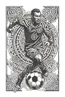A futuristic design combining elements of soccer, engineering, and indigenous culture, with a focus on leadership and tribal symbols tattoo design idea