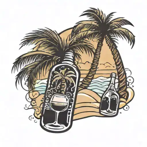 Palm tree with sand and wine bottles in sand tattoo design idea