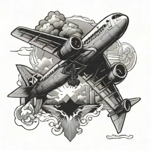 Create an intricate tattoo design featuring a top view of a commercial airplane, aligned perfectly through the cent tattoo design idea
