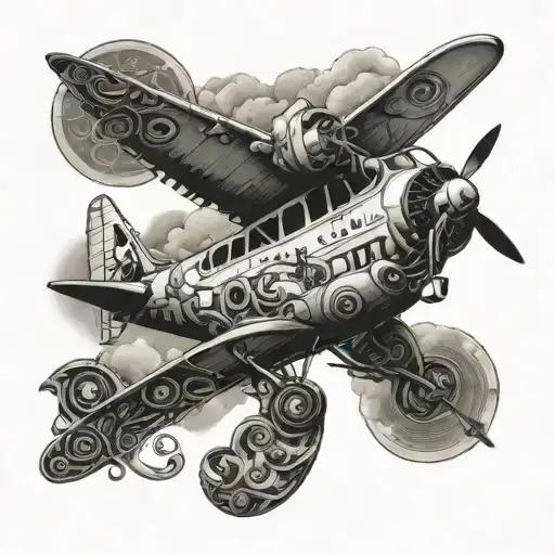 Create an intricate tattoo design featuring a top view of a commercial airplane, aligned perfectly through the cent tattoo design idea