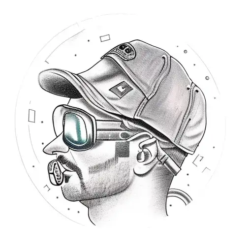 A realistic portrait of a mechanic wearing a cap and covered in grease, surrounded by various tools tattoo design idea