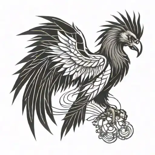 a black-robed phoenix in full stature with wings and chains tattoo design idea