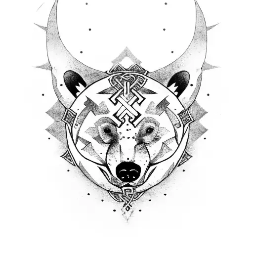 Gothic-style polar bear with Viking symbols tattoo design idea