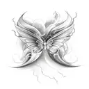A sketch-style tattoo of a dramatic stormy sky with swirling clouds and lightning bolts, framed by delicate butterfly wings tattoo design idea