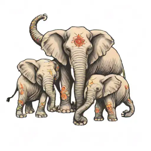 Elephant with 3 babies tattoo design idea