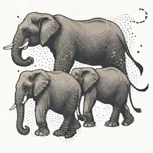 A dotwork tattoo of four elephants walking in a line, each one representing the client, their mom, and their sisters tattoo design idea