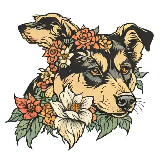 germans shepherd dog and flowers growing tattoo design idea