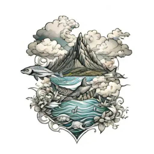 ocean with tropical fish to mountains and clouds surrounding tattoo design idea