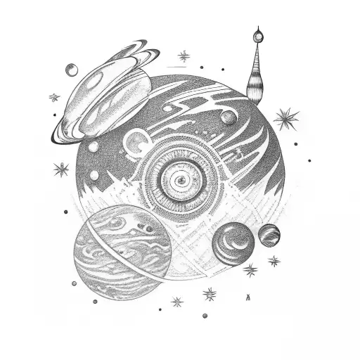 rocket and planet and galaxys tattoo design idea