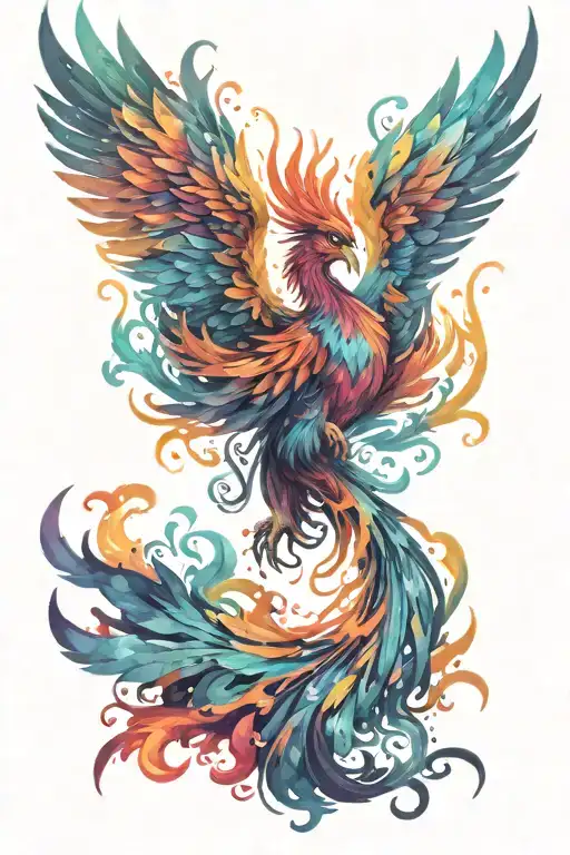 Colorful watercolor-style phoenix tattoo on the back, vibrant hues, dynamic and flowing design tattoo design idea
