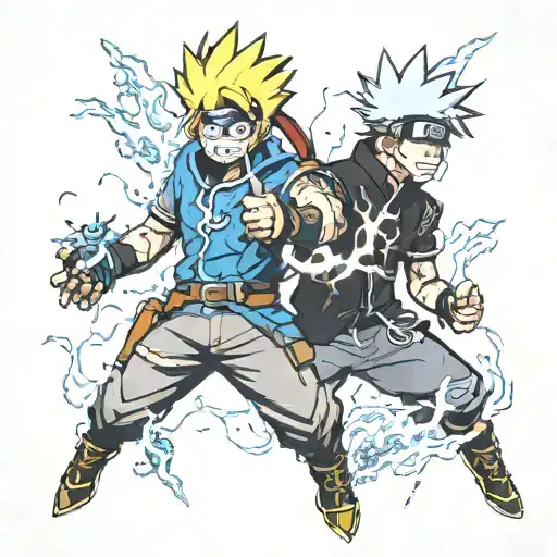 design a cool detailed tattoo with lots of lightning powers from anime characters Naruto and Kakashi from Naruto, with G tattoo design idea