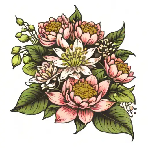 lily of the valley, water lily, chrysanthemum bouquet tattoo design idea