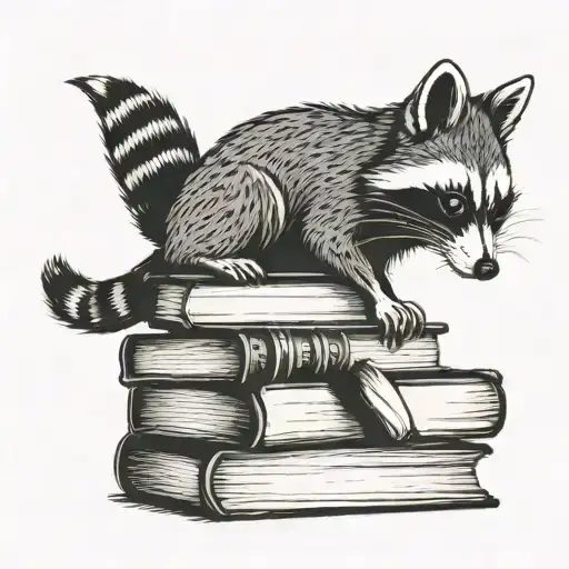 A stack of books with a raccoon reading on top tattoo design idea