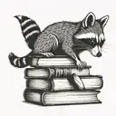 A stack of books with a raccoon reading on top tattoo design idea
