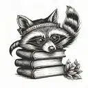 A stack of books with a raccoon reading on top tattoo design idea