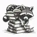 A stack of books with a raccoon reading on top tattoo design idea