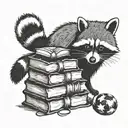 A stack of books with a raccoon reading on top tattoo design idea