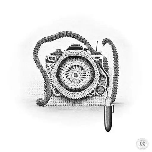 A crochet hook and a camera shutter intertwined, creating a unique pattern tattoo design idea