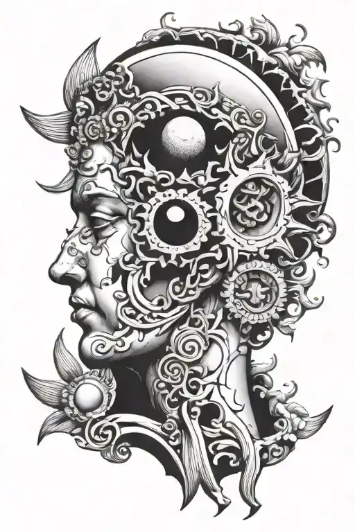 sun and moon Greek statue head cracked in half tattoo design idea