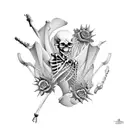 biomechanicalfemale skeleton hand holding a lotus tattoo design idea