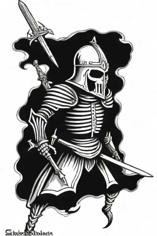 tattoo in the style of knights from the era of the Crusades, the skeleton stands with sword, helmet on head, realistic tattoo design idea