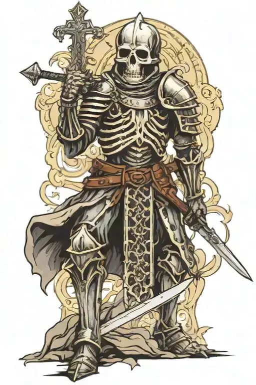 tattoo in the style of knights from the era of the Crusades, the skeleton stands with sword, helmet on head, realistic tattoo design idea