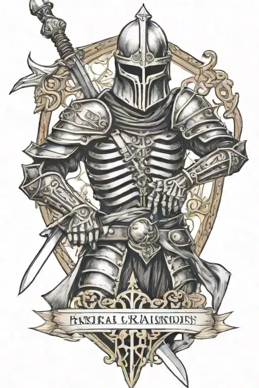 tattoo in the style of knights from the era of the Crusades, the skeleton stands with sword, helmet on head, realistic tattoo design idea