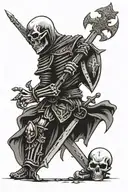 tattoo in the style of knights from the era of the Crusades, the skeleton stands at full height, in his hand he holds a  tattoo design idea