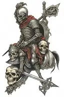 tattoo in the style of knights from the era of the Crusades, the skeleton stands at full height, in his hand he holds a  tattoo design idea