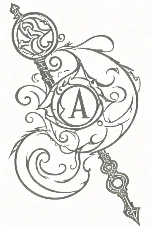 triple moon symbol with old key that has flames coming out of its top tattoo design idea